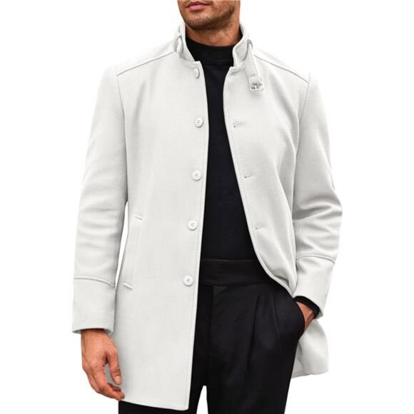 Men's Trench Coat Stand Collar Casual Slim Fit Single Breasted Pea Coat Overcoat - Picture 1 of 6